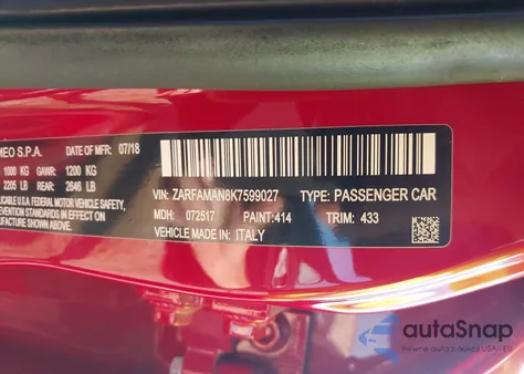 2019 Alfa Romeo Giulia Rwd from USA, damaged, VIN ZARFAMAN8K7599027